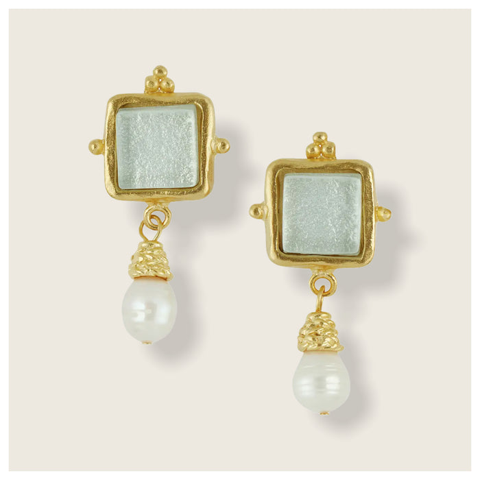 Gold and White Glass Genuine Pearl Earrings