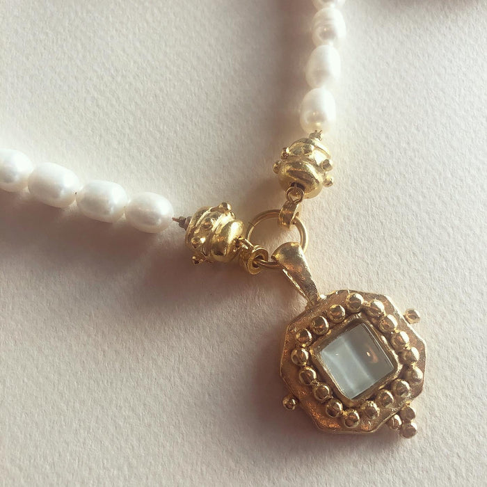 Genuine Pearl Necklace with Large French Glass Pendant