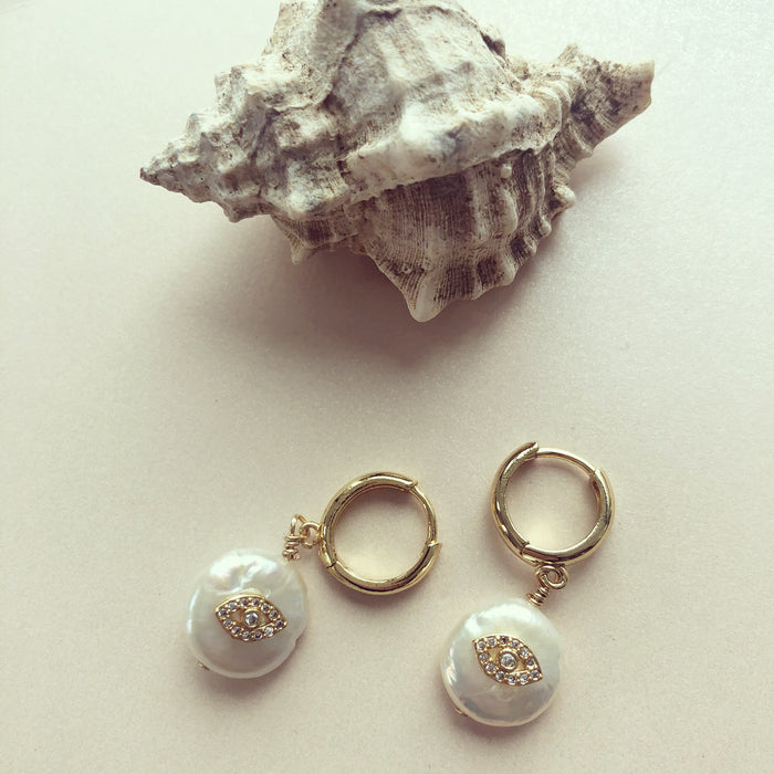 Genuine Evil Eye Pearl Earrings on Huggie Hoops