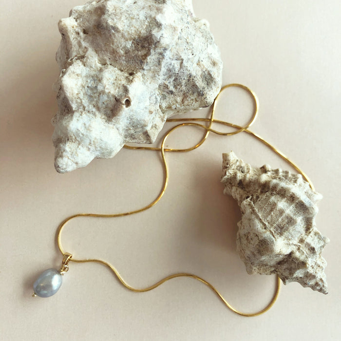 Dainty Genuine Freshwater Blue Toned Pearl Pendant on Gold-filled Snake Chain