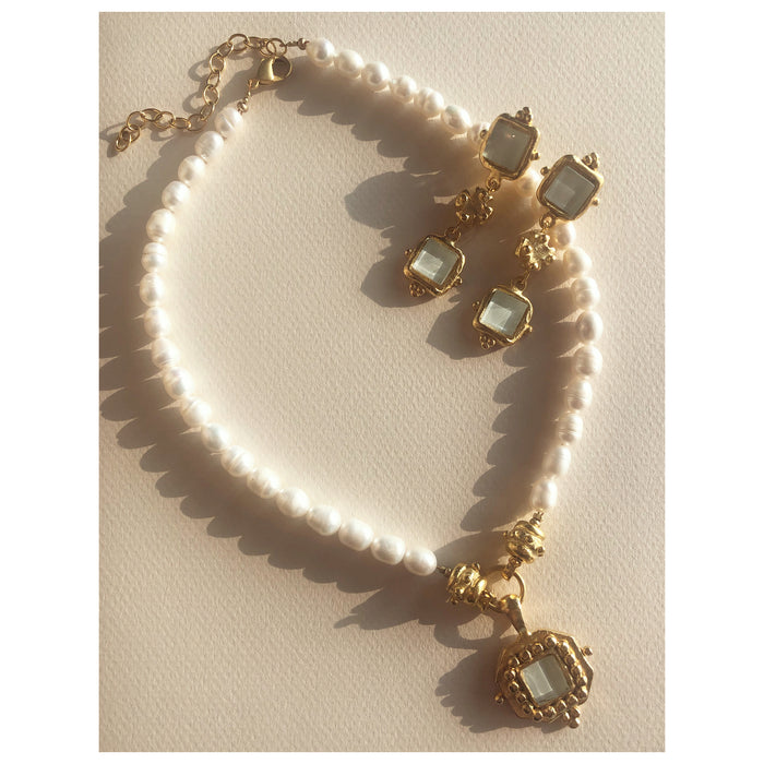 Genuine Pearl Necklace with Large French Glass Pendant