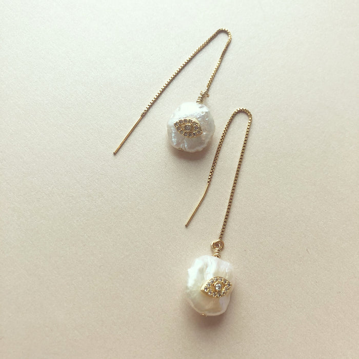 Evil Eye Pearl Threader Earrings