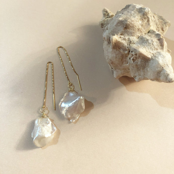 Large Genuine Freshwater Baroque Pearl Threader Earrings