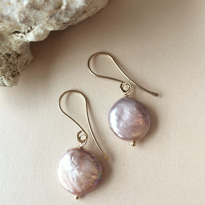 Genuine Pink-toned Disc Pearls on Gold Hammered Hooks