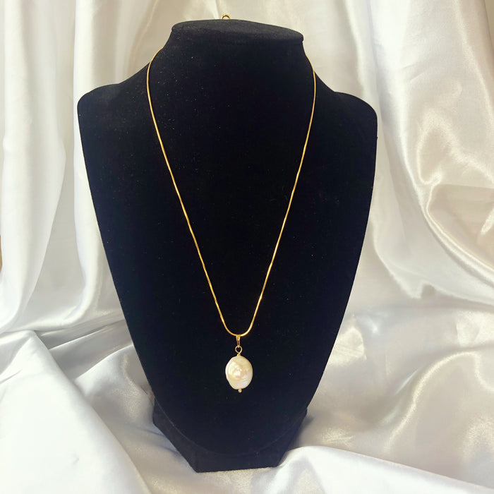 Genuine Freshwater Disc Pearl Pendant on Gold-filled Snake Chain