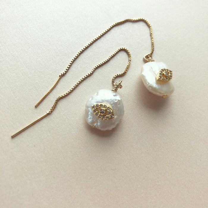 Evil Eye Pearl Threader Earrings
