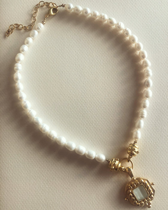 Genuine Pearl Necklace with Large French Glass Pendant