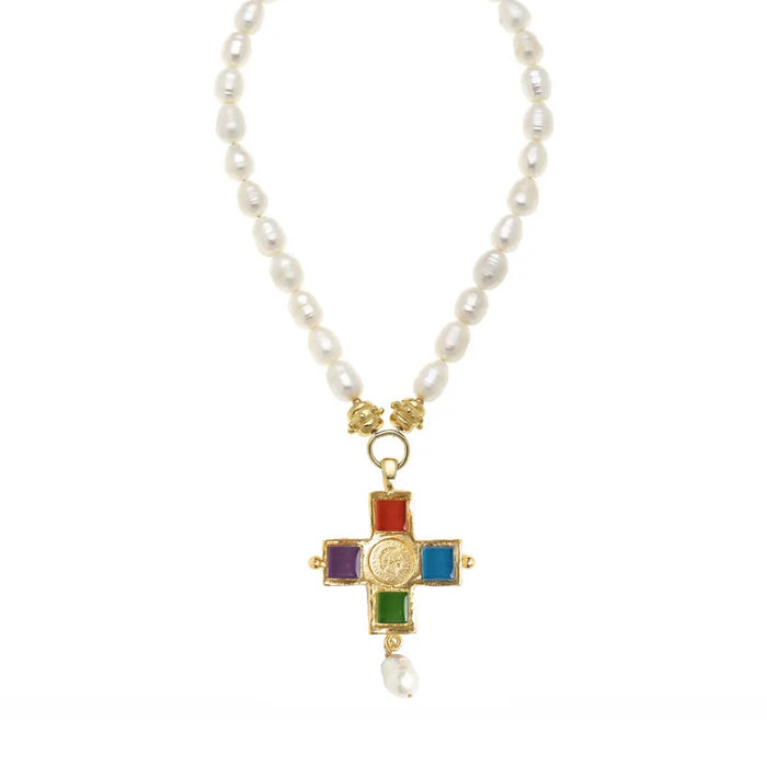 Multi Colored Cross Pendant Pearl Necklace