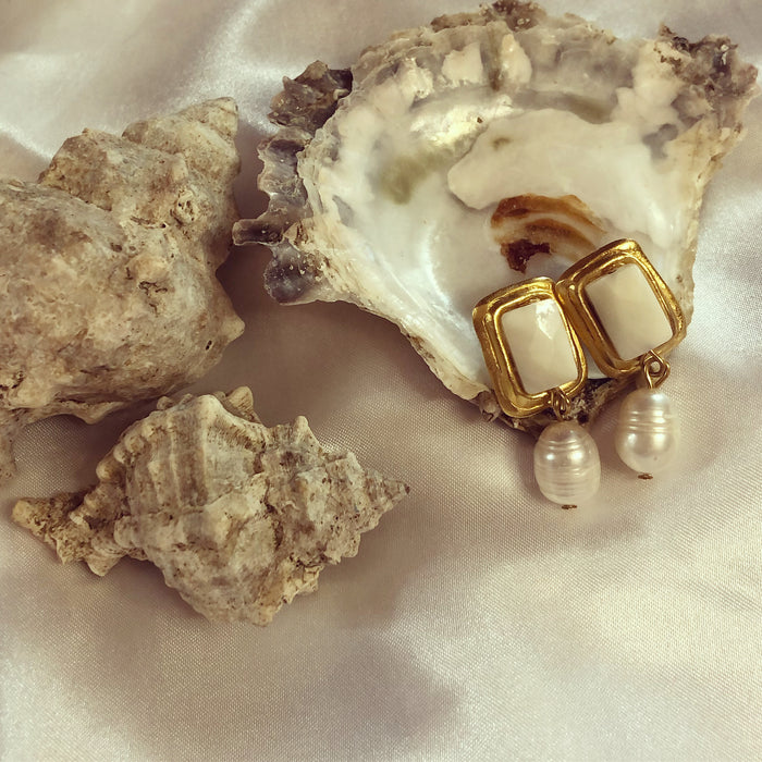 Stone Rectangle + Pearl Earrings
