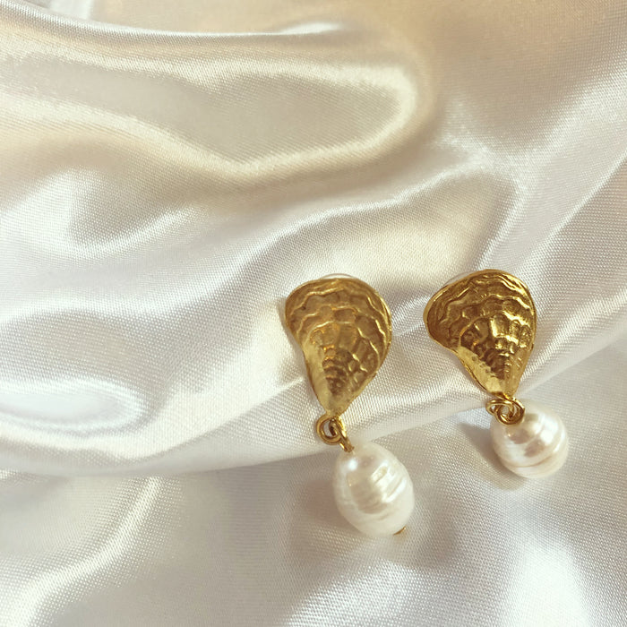 Gold Oyster Shell with Genuine Pearl Earrings