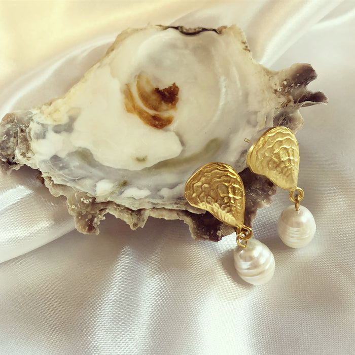 Gold Oyster Shell with Genuine Pearl Earrings
