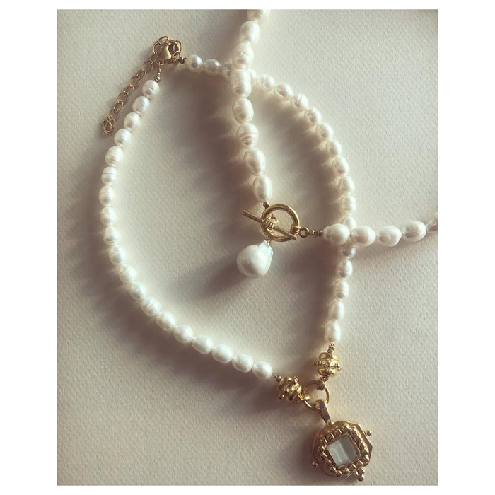 Genuine Pearl Necklace with Large French Glass Pendant