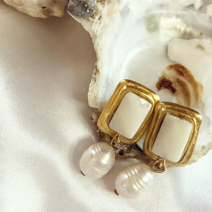 Stone Rectangle + Pearl Earrings