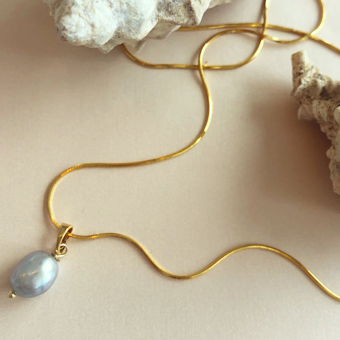 Dainty Genuine Freshwater Blue Toned Pearl Pendant on Gold-filled Snake Chain