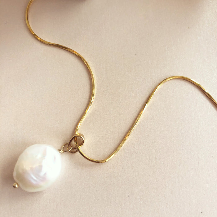 Genuine Freshwater Disc Pearl Pendant on Gold-filled Snake Chain
