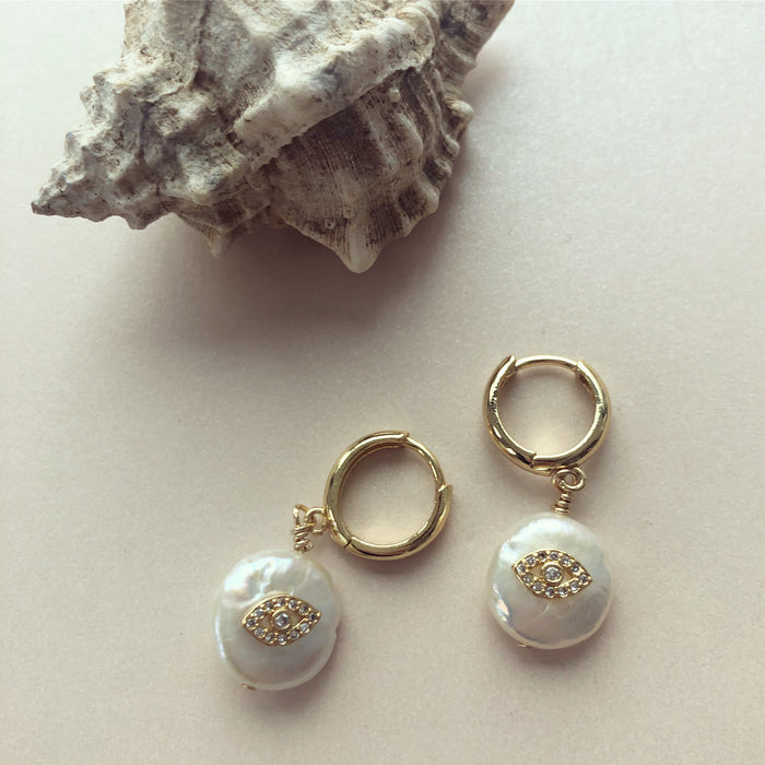 Genuine Evil Eye Pearl Earrings on Huggie Hoops