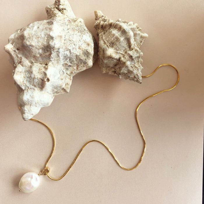 Genuine Freshwater Disc Pearl Pendant on Gold-filled Snake Chain
