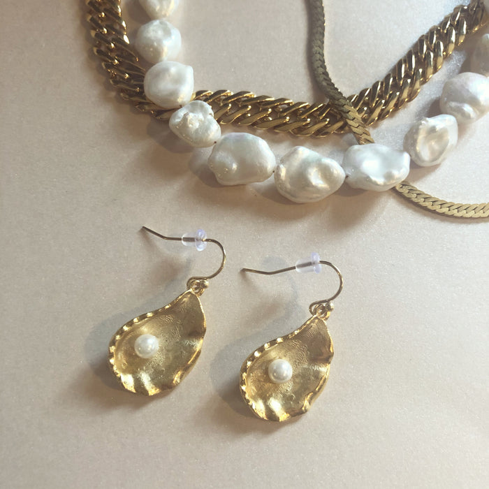 Gold Oyster with Freshwater Pearl Earrings
