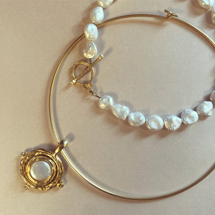 Gold and Genuine Freshwater Pearl Pendant on Gold Neck Ring