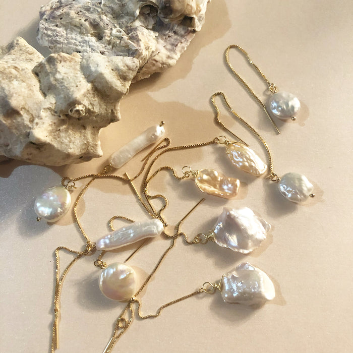 Large Genuine Freshwater Baroque Pearl Threader Earrings